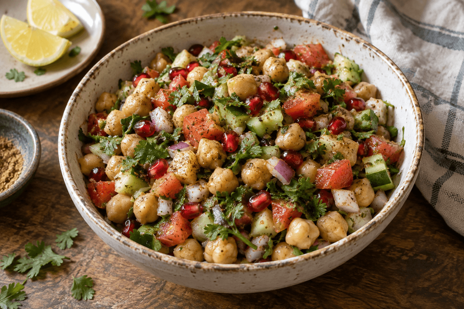 Colorful street style chana chaat with boiled chickpeas, pomegranate, and lemon