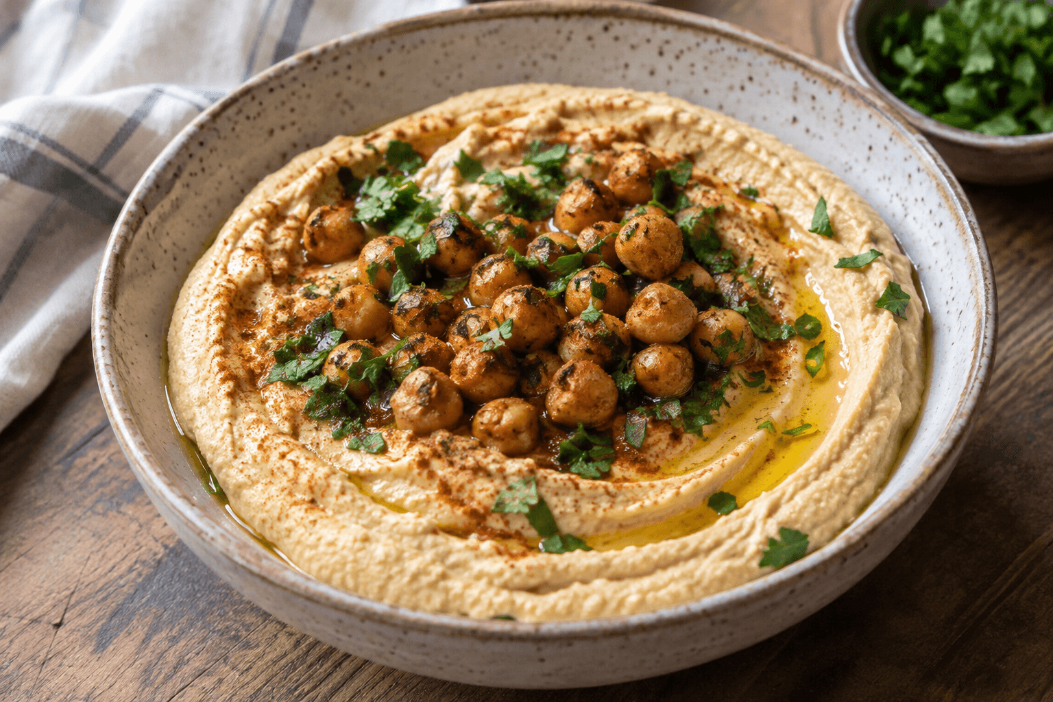 Creamy homemade hummus in a ceramic bowl with olive oil, paprika, and crispy chickpeas