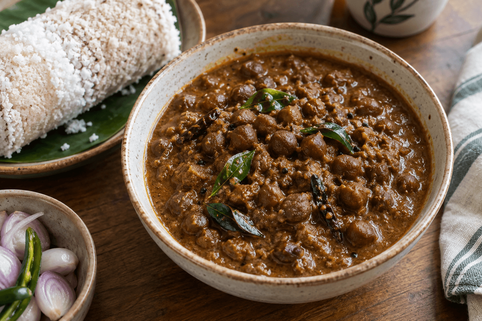 Kerala Varutharacha Kadala Curry with roasted coconut and curry leaves