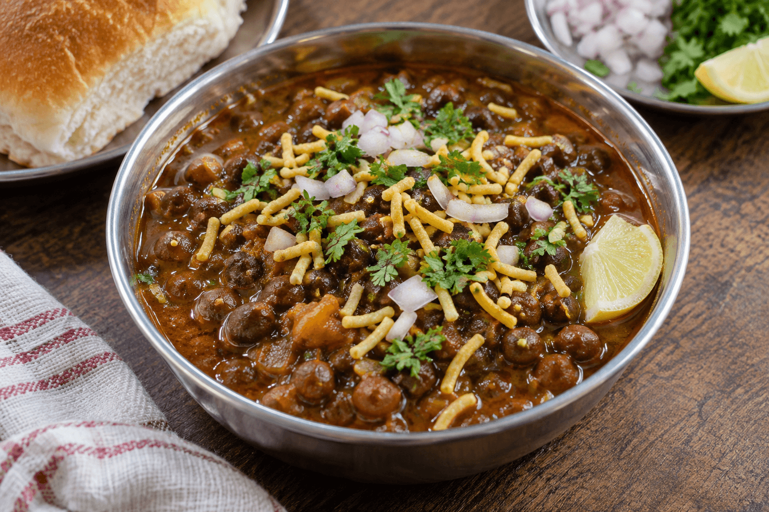 Maharashtrian Kala Chana Usal with spicy tarri, sev, and fresh lemon
