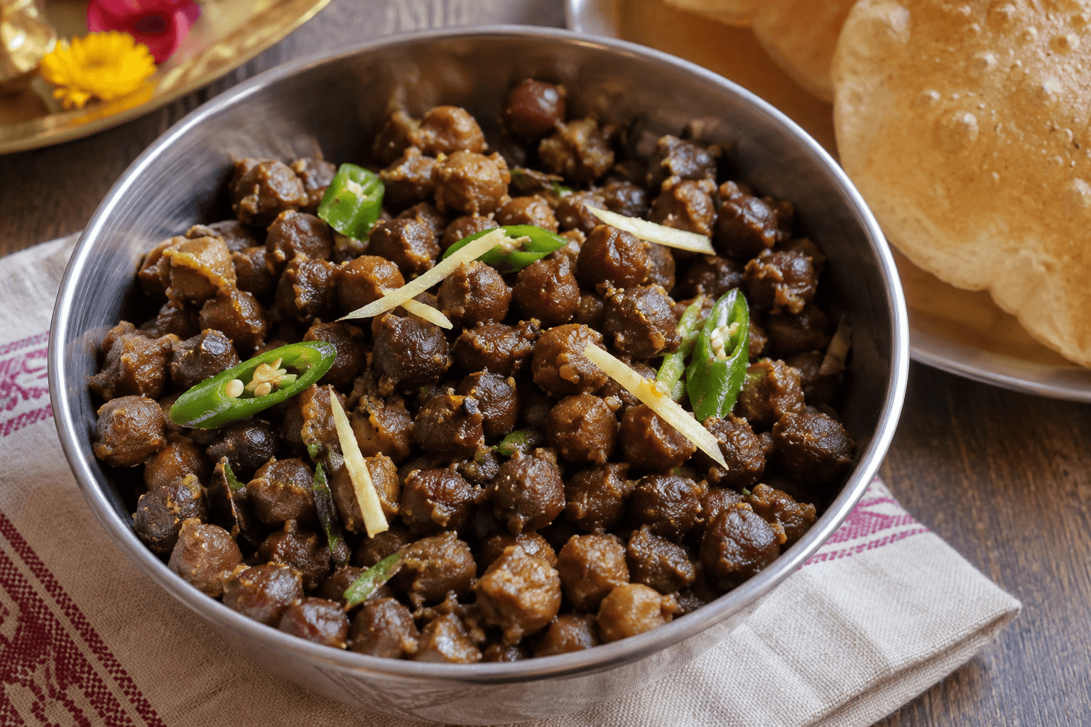 Dry spicy Sookha Kala Chana prasad with green chillies and ginger